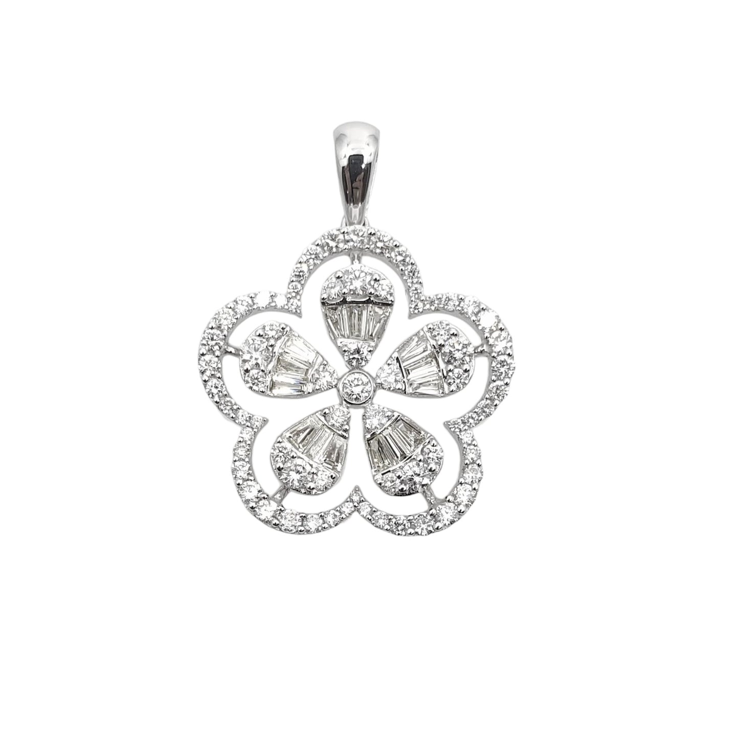 White Gold Baguette and Round Diamond Flower Pendant