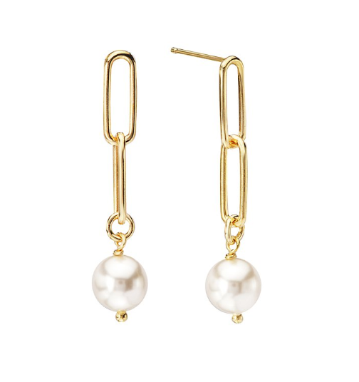 Yellow Gold over Sterling Silver Link Pearl Earrings