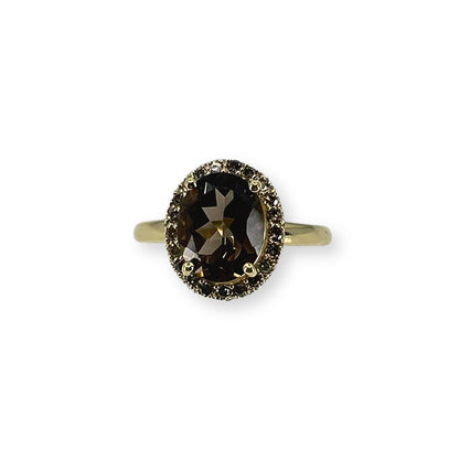 Yellow Gold Smokey Quartz Ring with Round Chocolate Diamonds