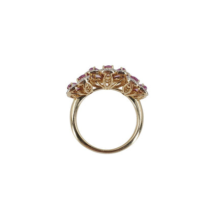 18 Karat Yellow Gold Pink Sapphire and Round Diamond Triple Flower Ring