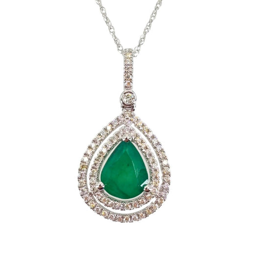 White Gold Pear Emerald Double Halo Pendant