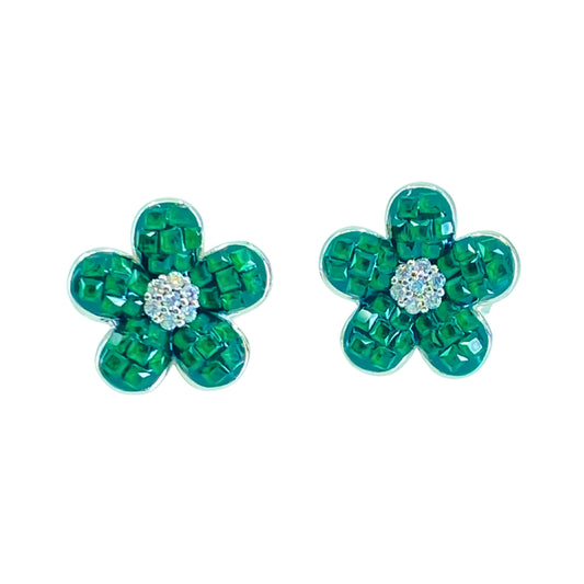 White Sterling Silver Green Crystal Flower Earrings