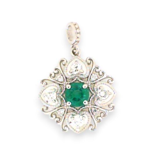 White Gold Emerald and Diamond Filigree Pendant