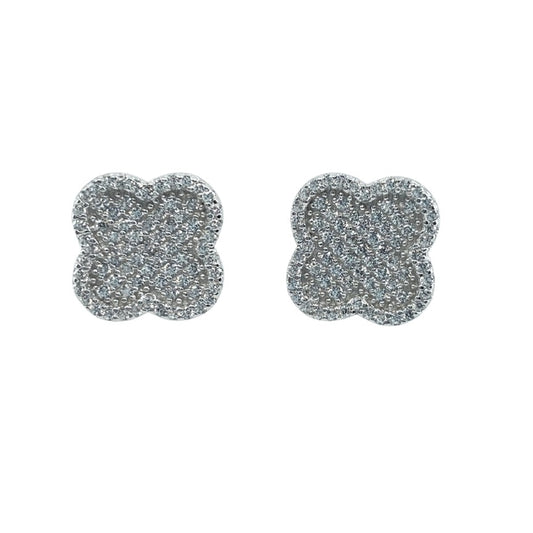 White Sterling Silver Quatrefoil Earrings With Pave Cz