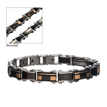 Black and Rose Stainless Steel Bracelet with Carbon Fiber Inlays
