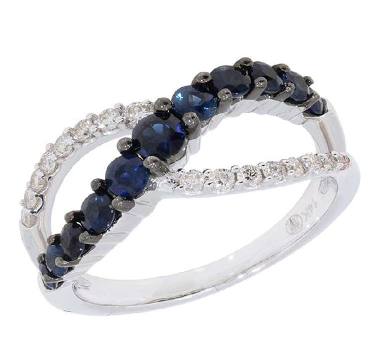 White Gold Sapphire and Diamond Cross-Over Ring