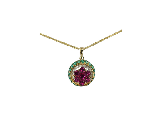 Yellow Gold Ruby and Emerald Cluster Drop Pendant