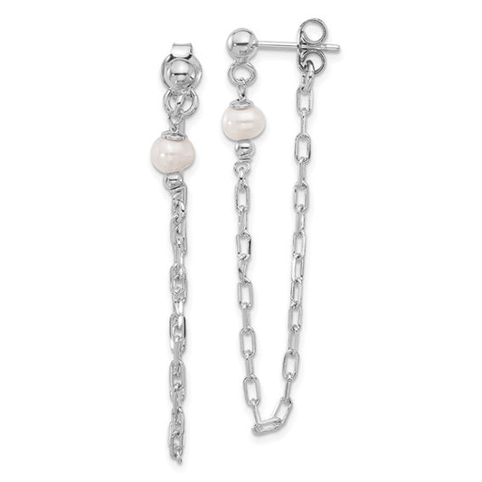White Sterling Silver Chain Drop Earring with Pearl Accent