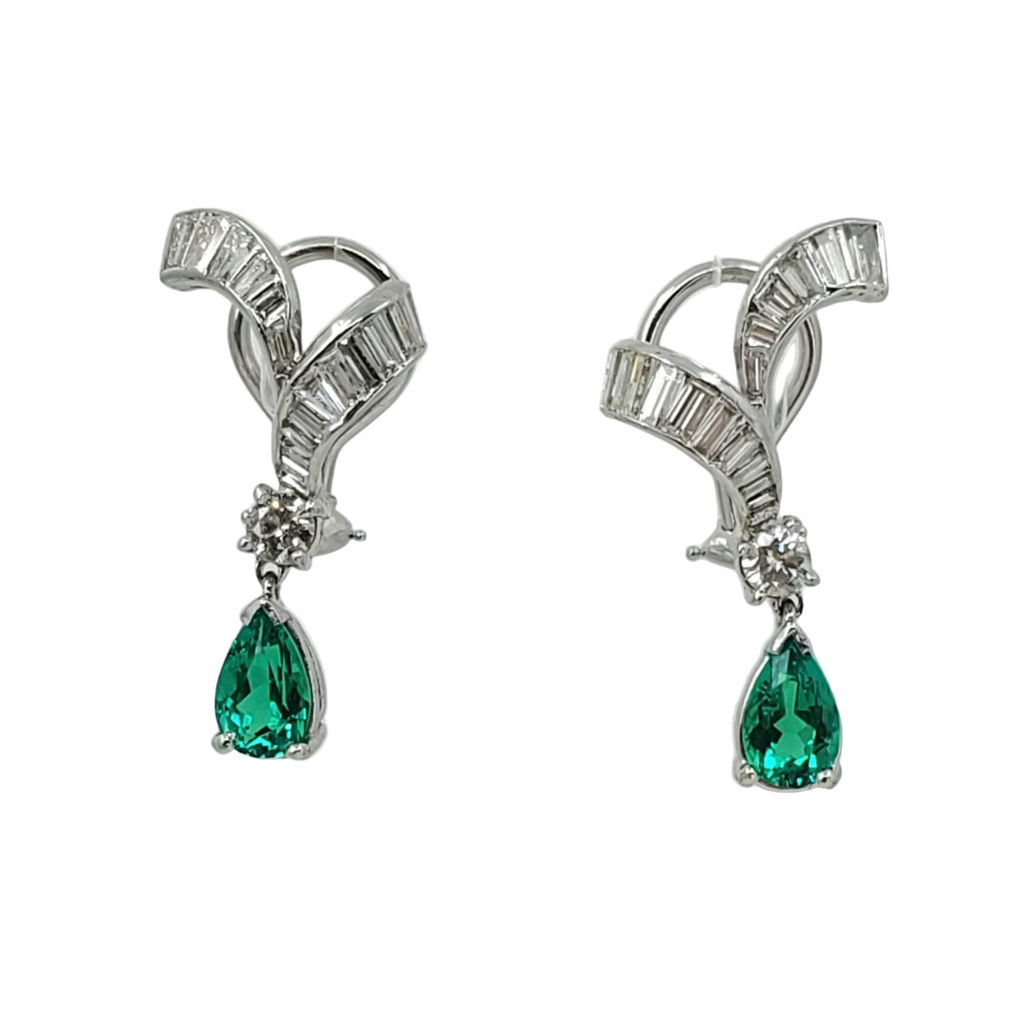 Vintage White Platinum Emerald and Diamond Earrings