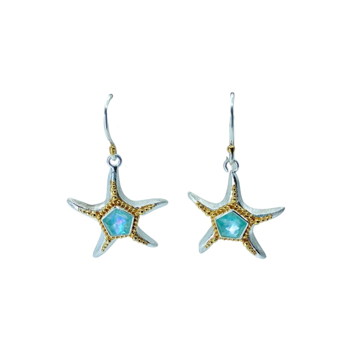 Two Tone Sterling Silver Starfish Drop Earrings