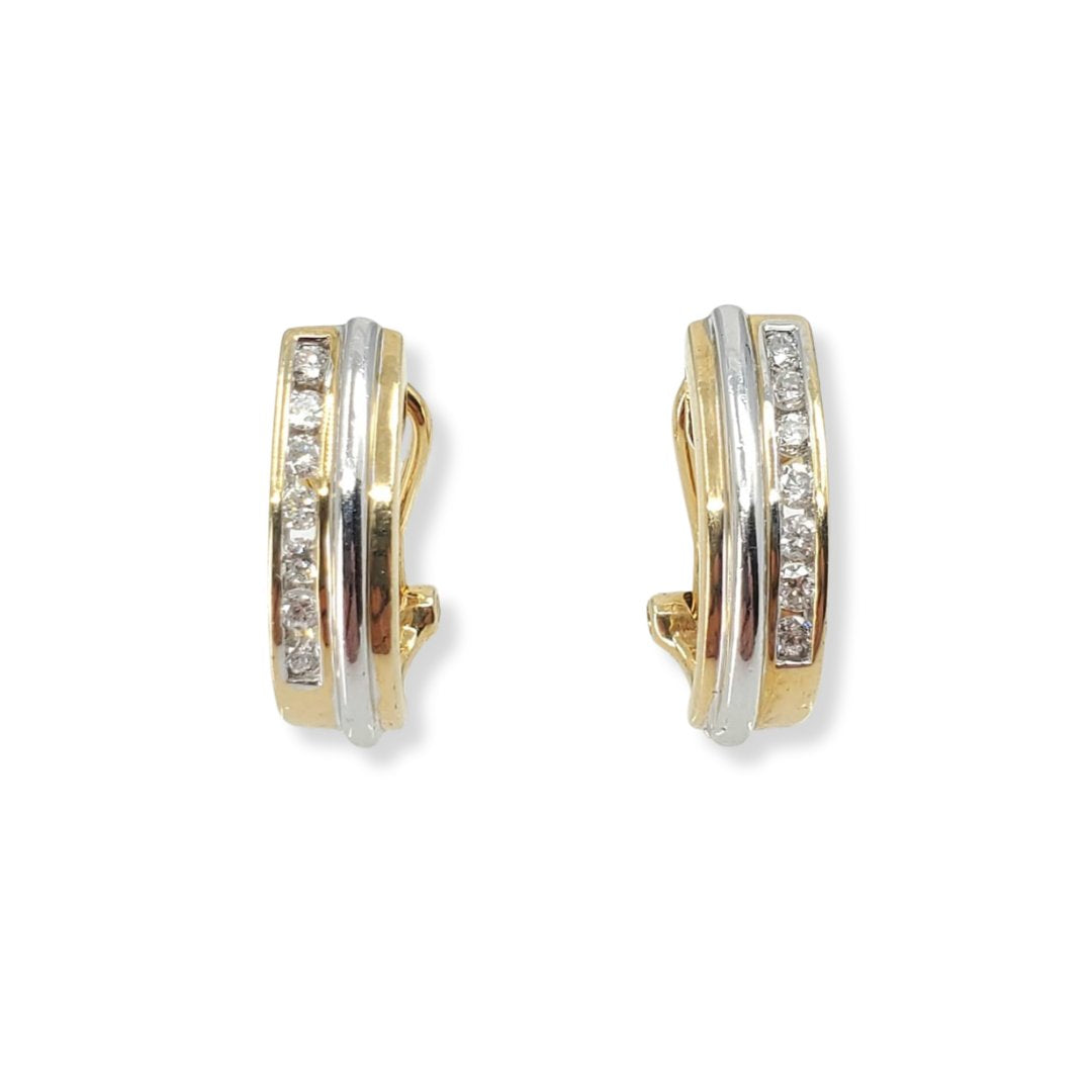 Two Tone Diamond Omega Clip J-Hoop Earrings