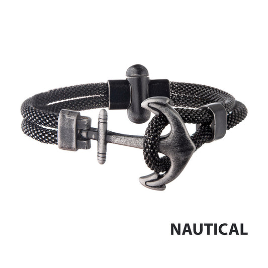 Black Antiqued Mesh Stainless Steel Anchor Bracelet