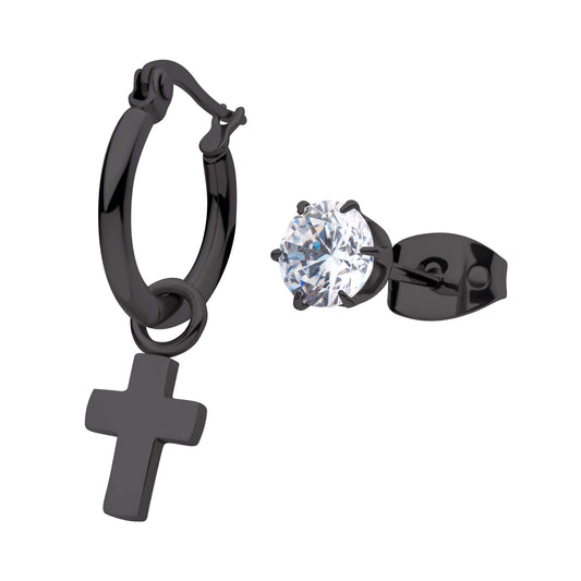 Black Stainless Steel Dangling Cross Hoop and Stud Mismatched Earrings