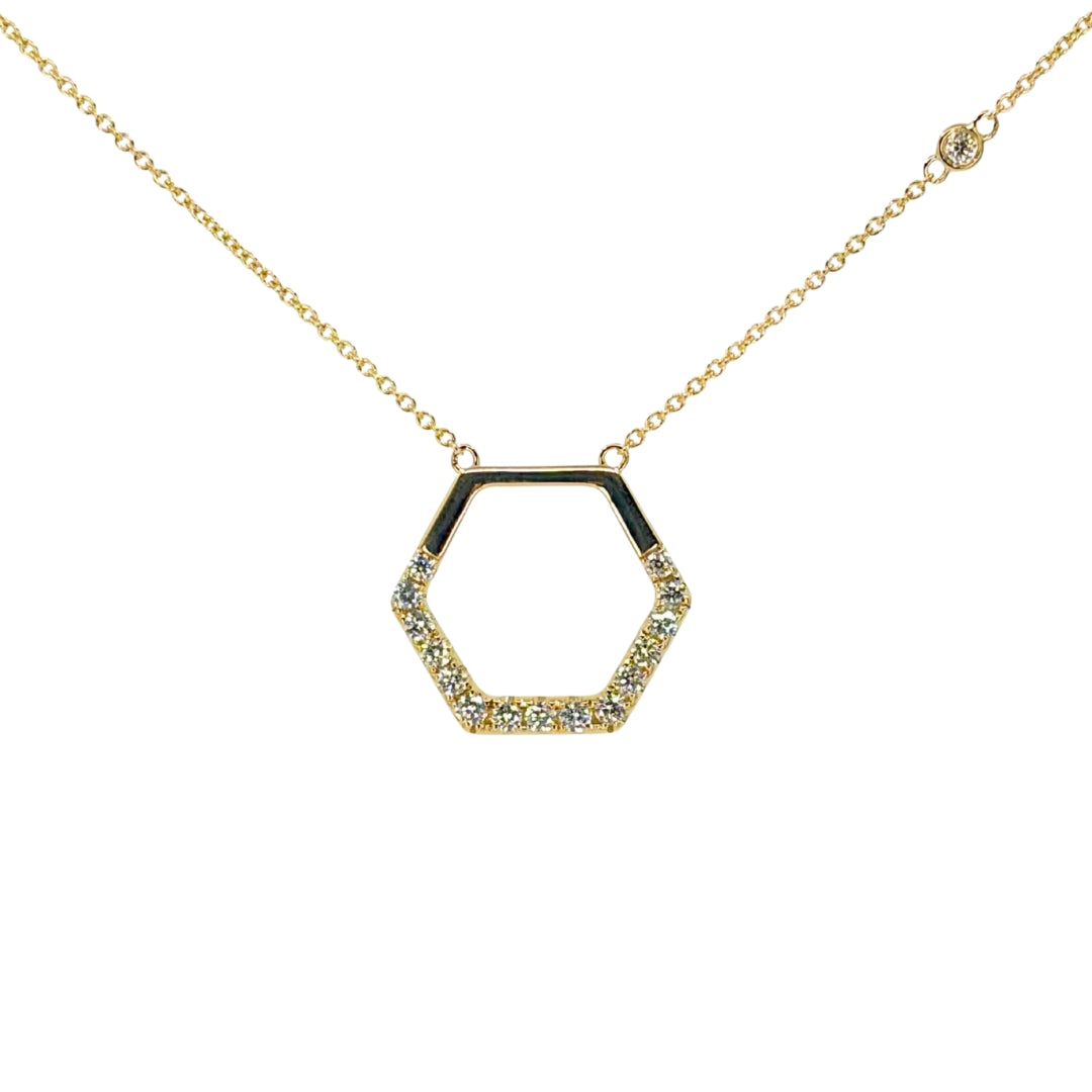 Yellow Gold Round Diamond Hexagon Necklace