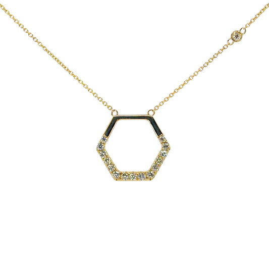 Yellow Gold Round Diamond Hexagon Necklace