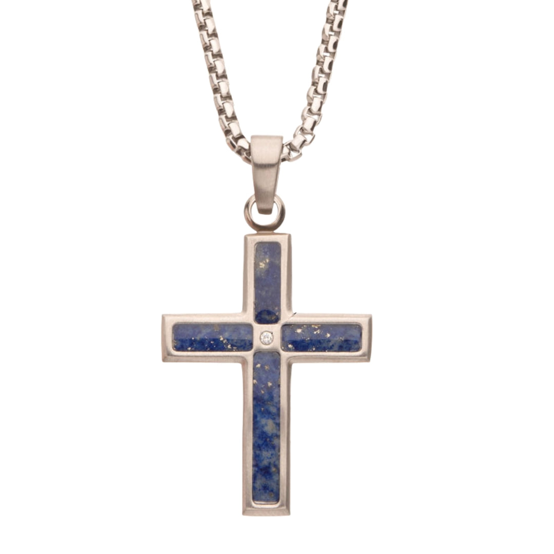 Stainless Steel Lapis Lazuli Inlay Cross Pendant