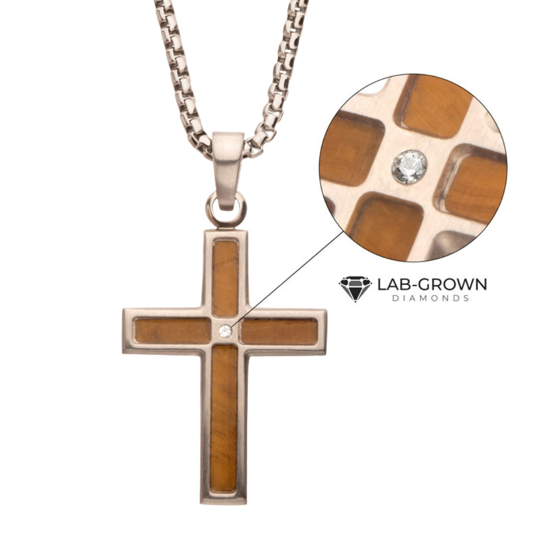 Stainless Steel Tiger Eye Inlay Cross Pendant