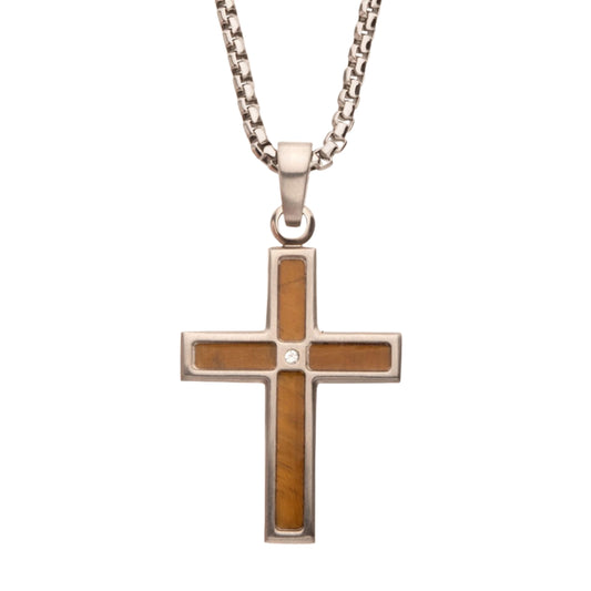 Stainless Steel Tiger Eye Inlay Cross Pendant
