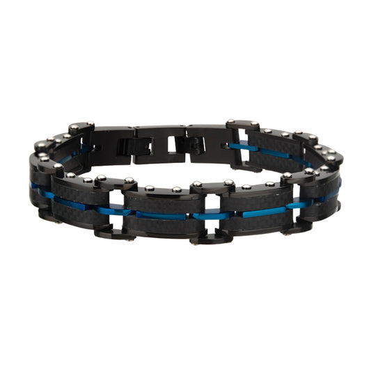 Black Carbon Fiber and Blue IP Link Stainless Steel Bracelet