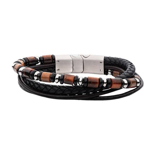 Cowhide Leather and Bead Multi-Strand Bracelet with Magnetic Clasp