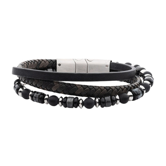 Grey Leather and Bead Multi-Strand Bracelet with Magnetic Clasp