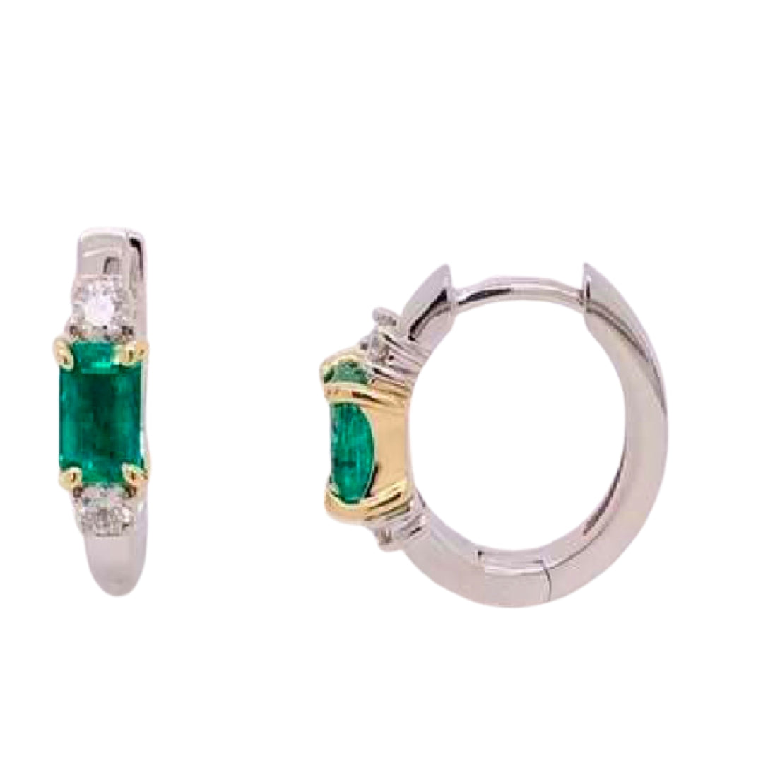 White Gold Genuine Emerald and Diamond Huggy Hoops