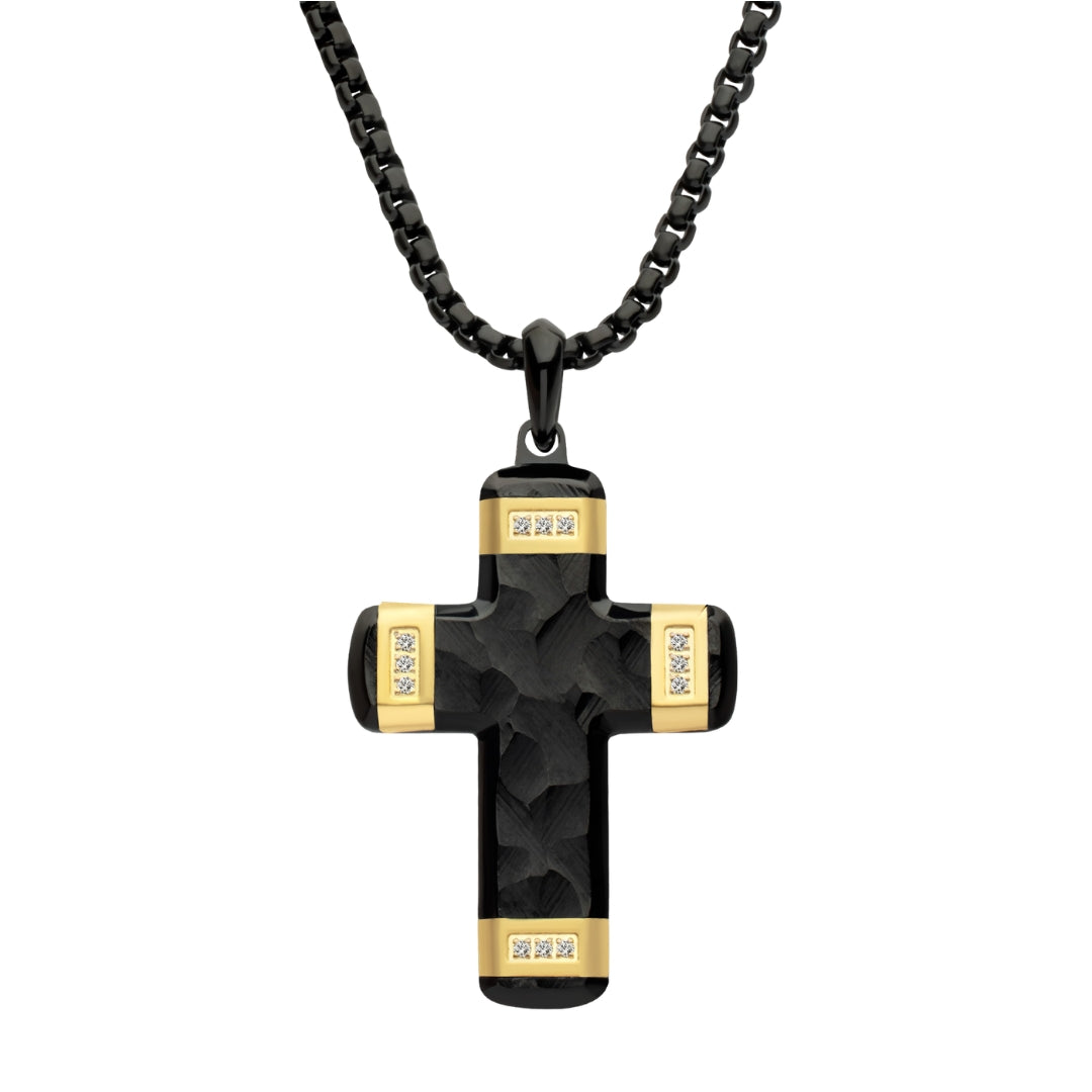 Small Black And Yellow Stainless Steel Cross Pendant with Lab Grown Diamond Accents