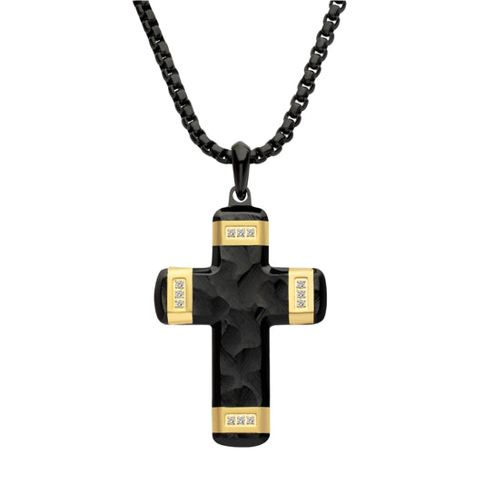 Small Black And Yellow Stainless Steel Cross Pendant with Lab Grown Diamond Accents