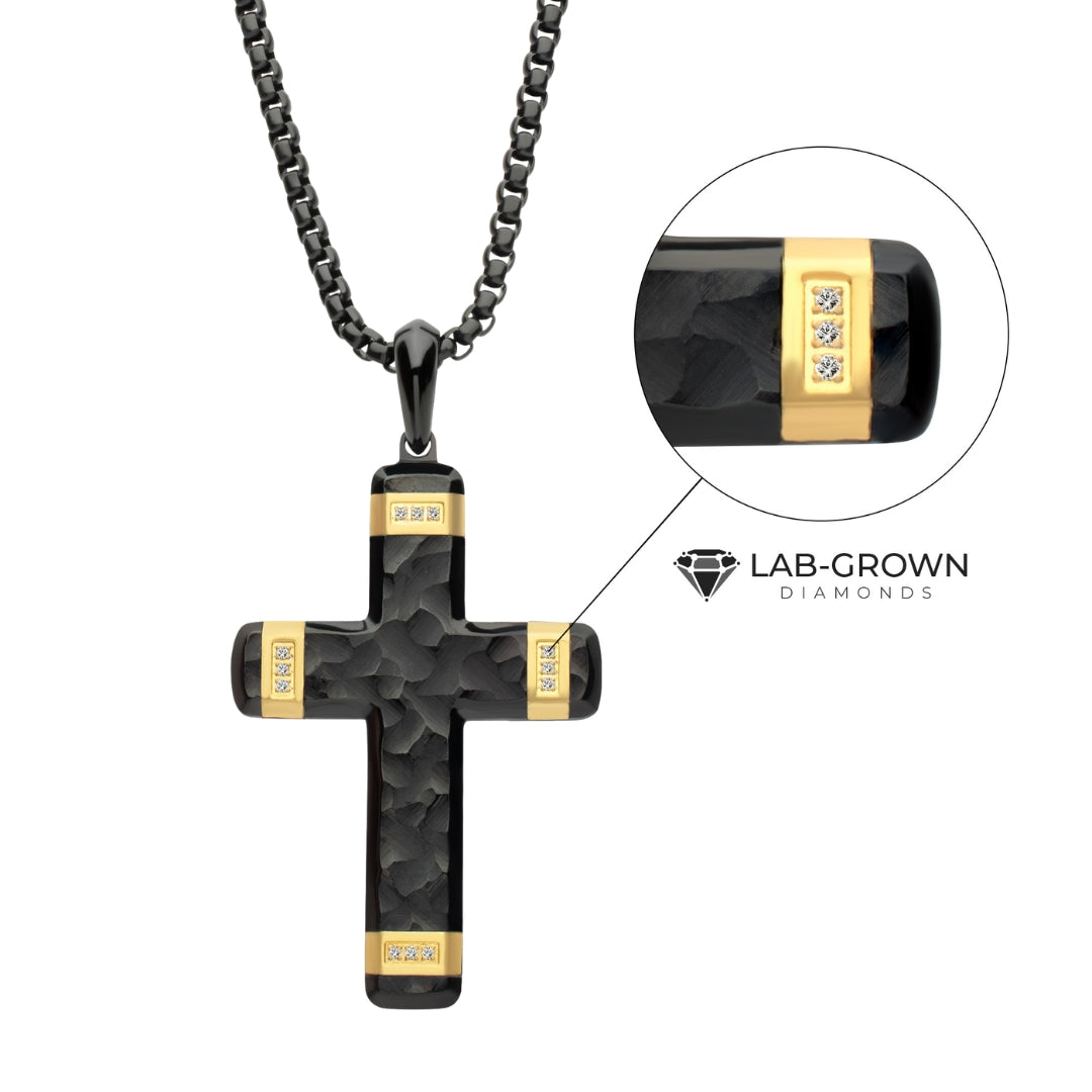 Black and Yellow Stainless Steel Cross Pendant with Lab Grown Diamond Accents