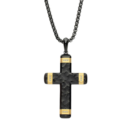 Black and Yellow Stainless Steel Cross Pendant with Lab Grown Diamond Accents