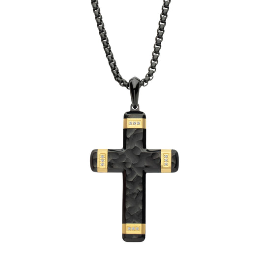Black and Yellow Stainless Steel Cross Pendant with Lab Grown Diamond Accents