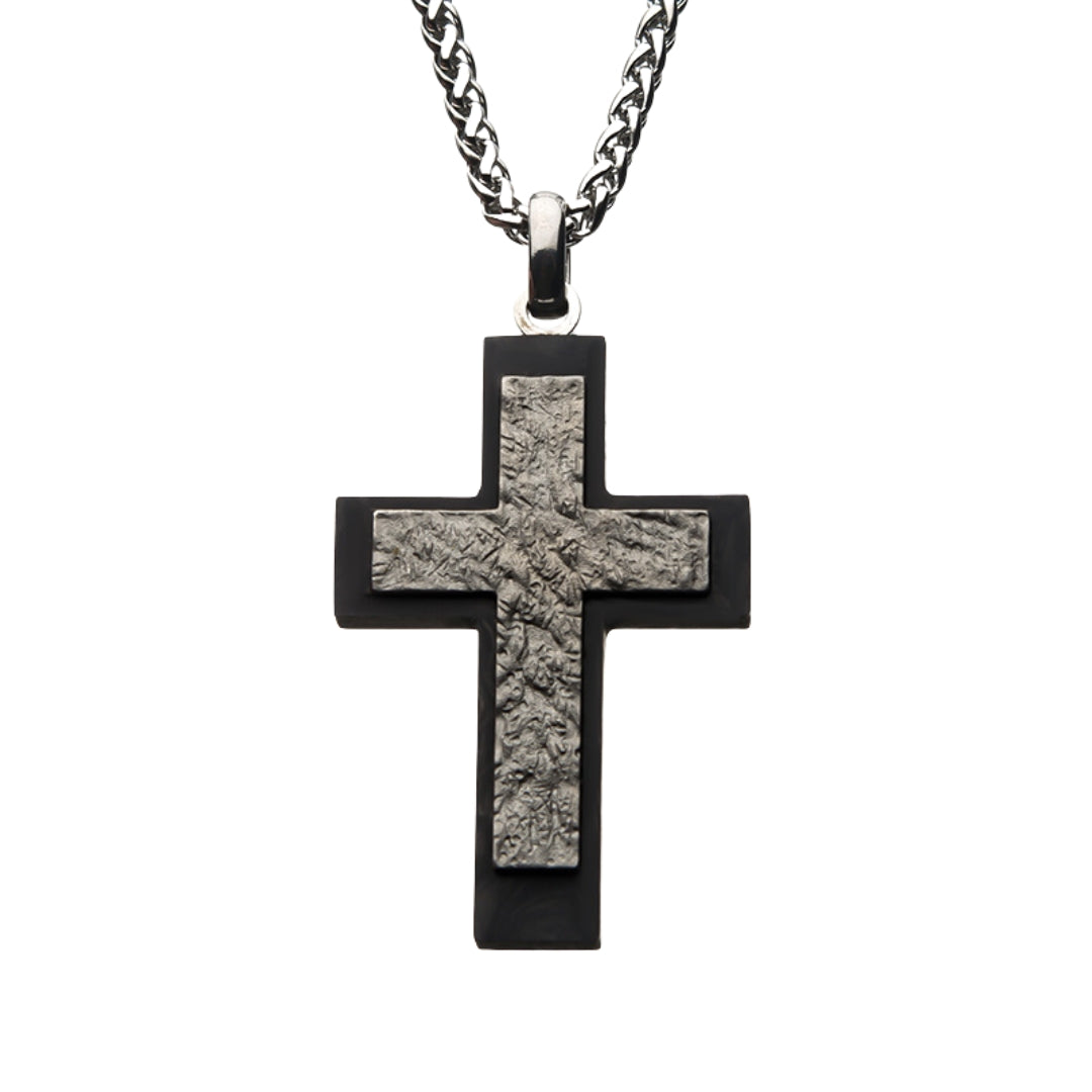 Stainless Steel and Carbon Fiber Cross Pendant with Steel Wheat Chain
