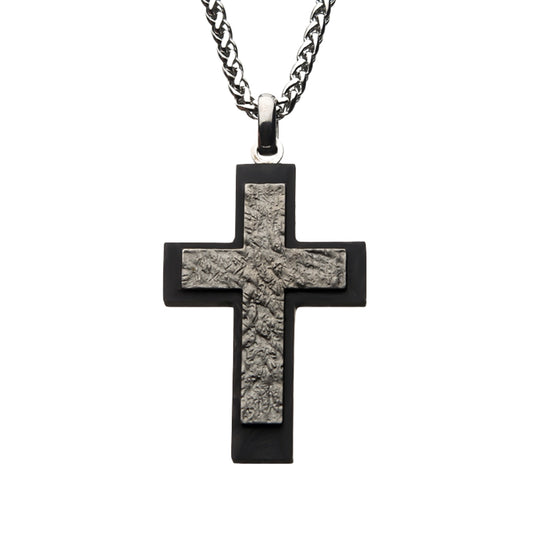 Stainless Steel and Carbon Fiber Cross Pendant with Steel Wheat Chain
