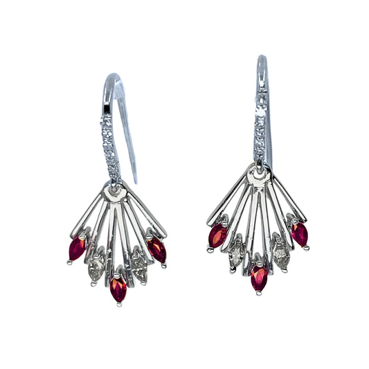 White Gold Diamond and Ruby Shepherd Hook Earring