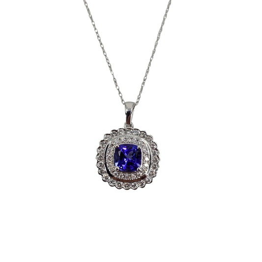 White Gold Cushion Tanzanite Double Halo Pendant