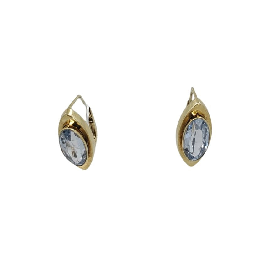 Yellow Gold Oval Blue Topaz Lever Back Earrings