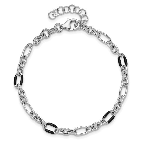 Sterling Silver Rhodium-Plated Enamel Link Bracelet