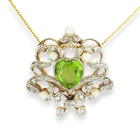 Vintage Two Tone Platinum Heart Peridot Pendant