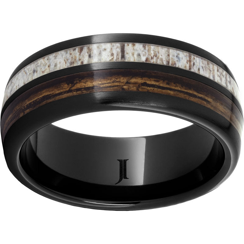 Black Ceramic Domed Wedding Band with 2MM Bourbon Barrel and Antler Inlays
