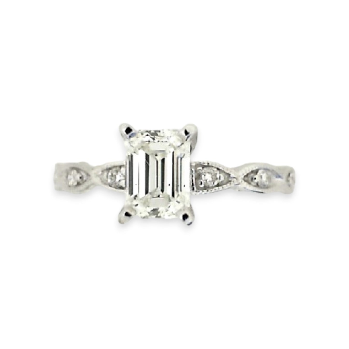 White Gold Emerald Cut Diamond Vintage Style Engagement Ring