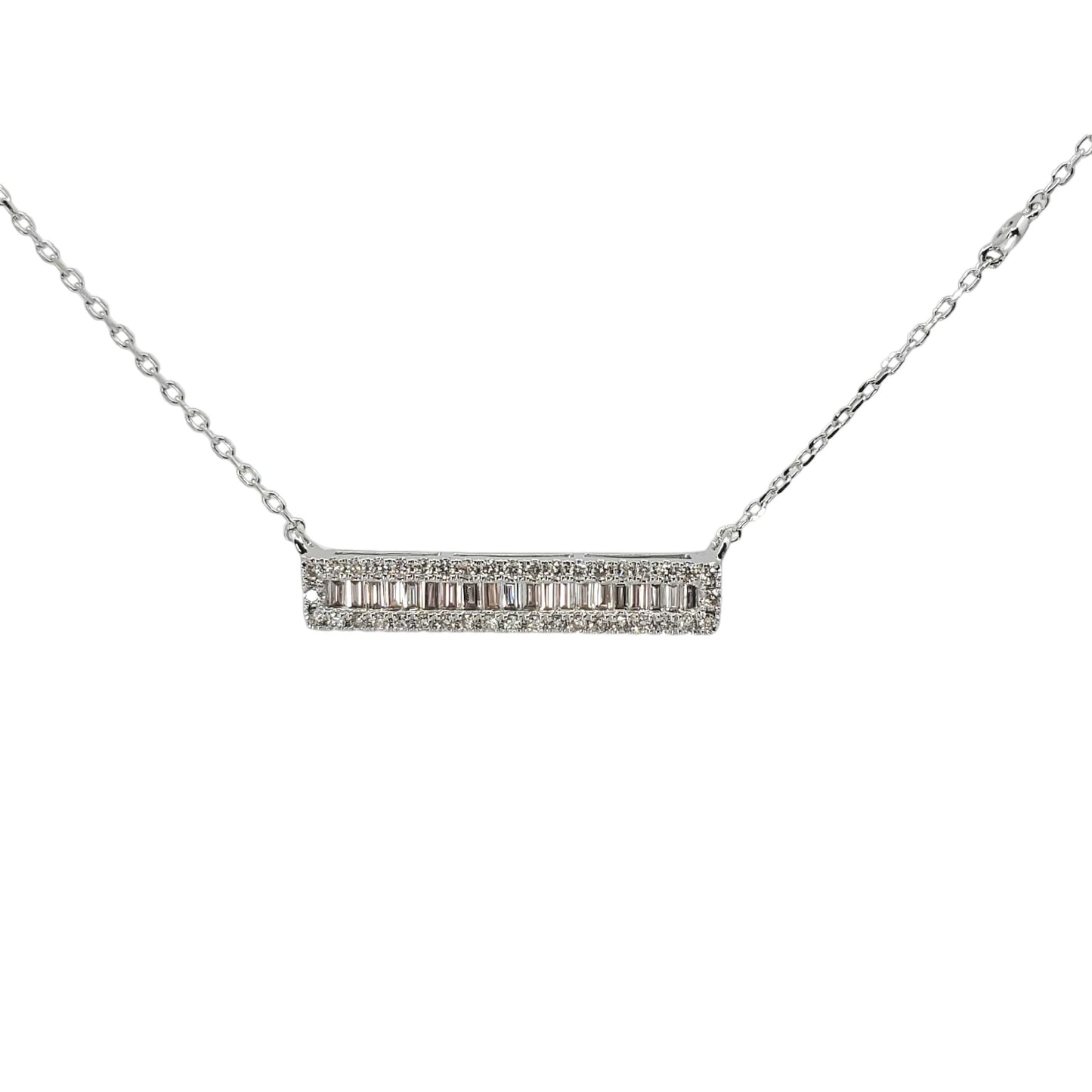 White Gold  Baguette and Round Diamond Bar Necklace