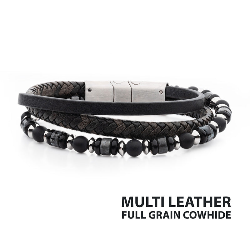 Grey Leather and Bead Multi-Strand Bracelet with Magnetic Clasp
