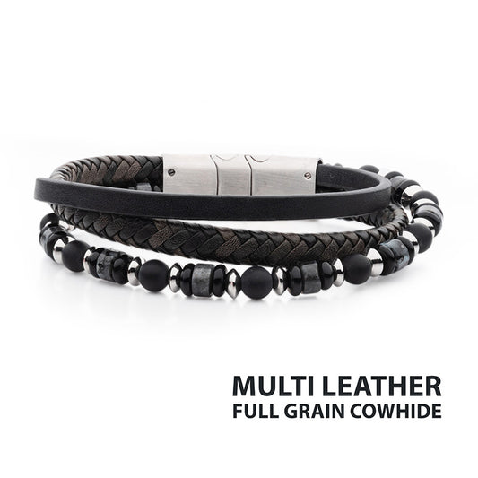 Grey Leather and Bead Multi-Strand Bracelet with Magnetic Clasp