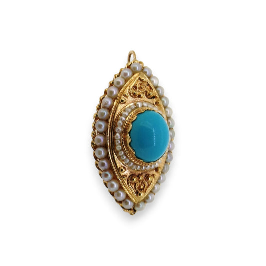 Vintage Yellow Gold Turquoise and Pearl Pendant