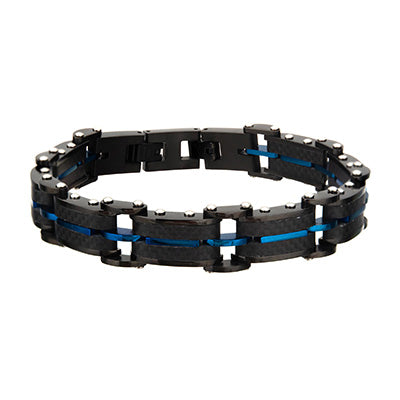 Black Carbon Fiber and Blue IP Link Stainless Steel Bracelet