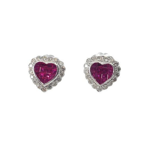 White Gold Invisible Set Ruby and Diamond Heart Stud Earrings