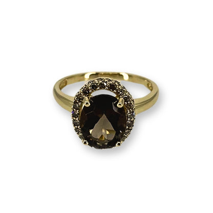 Yellow Gold Smokey Quartz Ring with Round Chocolate Diamonds