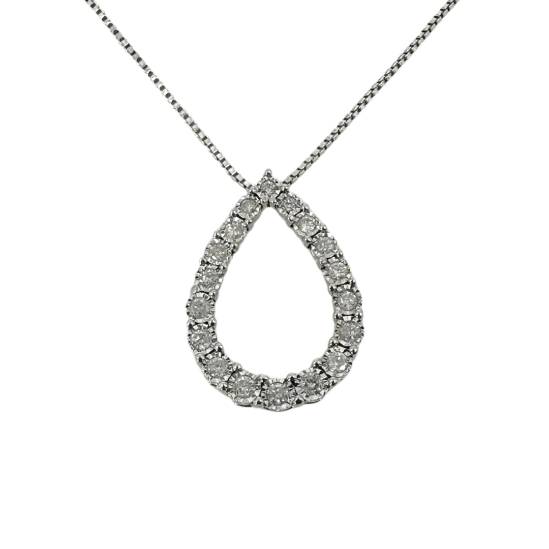 White sterling silver open teardrop pendant set with 18 round diamonds.