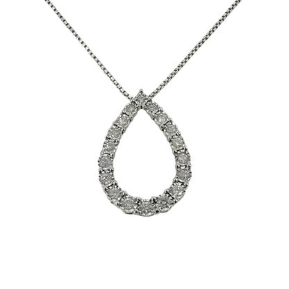 White sterling silver open teardrop pendant set with 18 round diamonds.