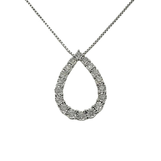 White sterling silver open teardrop pendant set with 18 round diamonds.